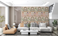 Repeating wall mural with arched niches and bouquet-filled blue vases., GD10196