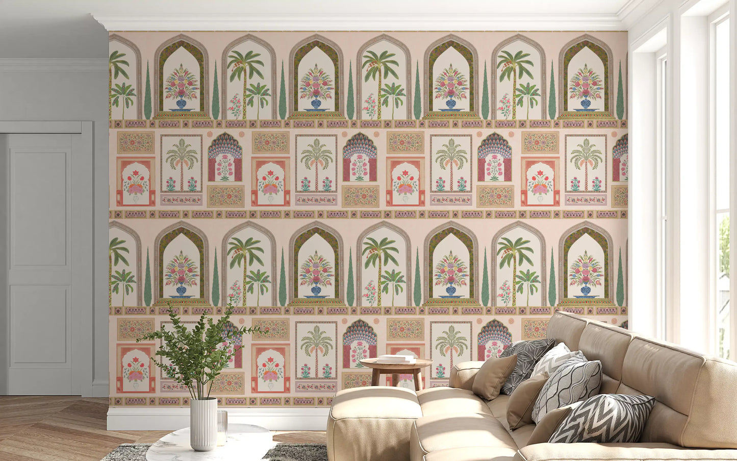 Mughal palace mural with blush ground and sage green foliage details., GD10196