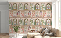 Mughal palace mural with blush ground and sage green foliage details., GD10196
