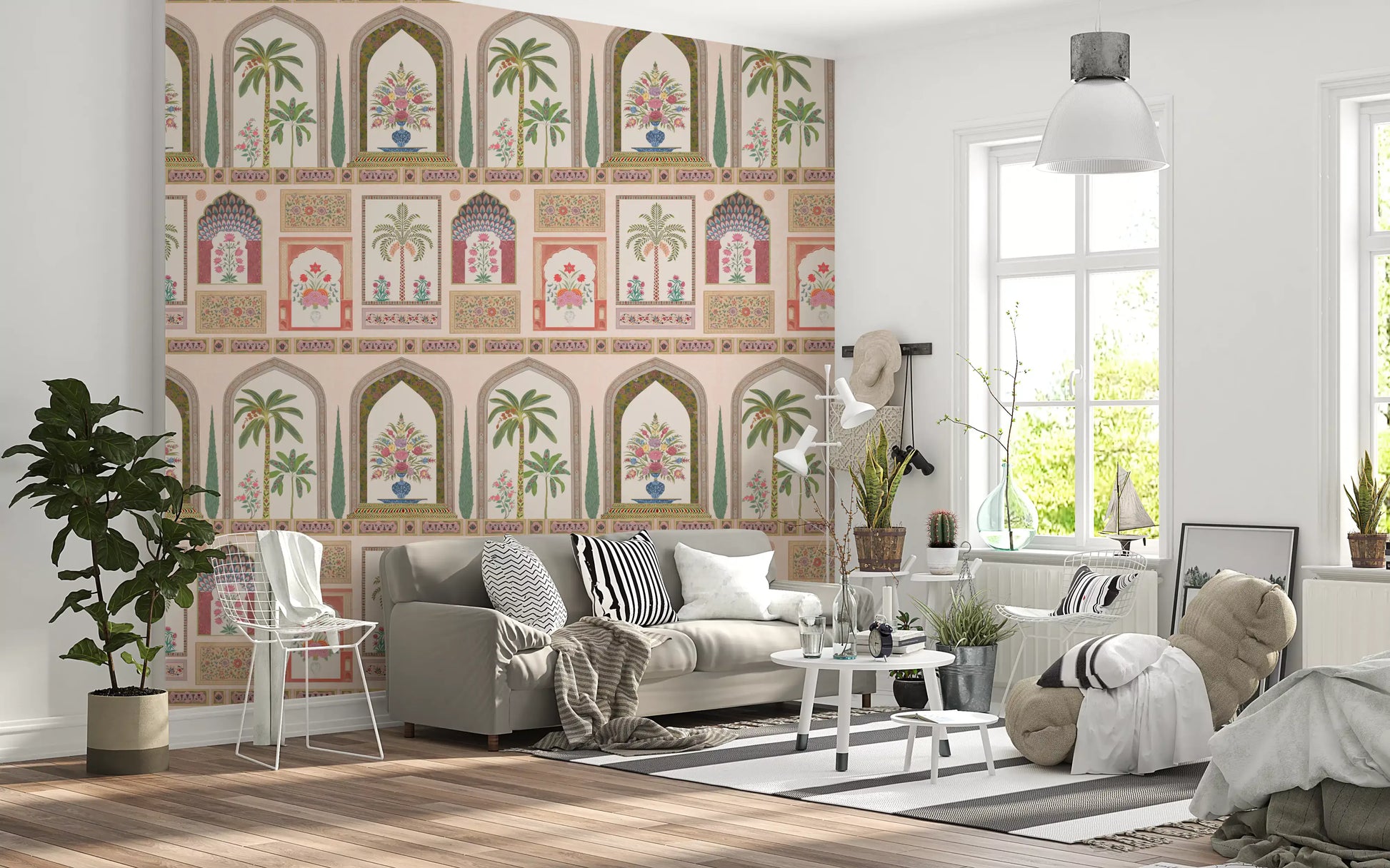 Ornate pattern wall mural with framed panels of palms and lotus blooms., GD10196