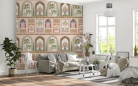 Ornate pattern wall mural with framed panels of palms and lotus blooms., GD10196