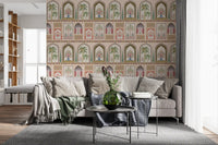 Botanical wall mural featuring palm trees and scalloped border motifs., GD10196