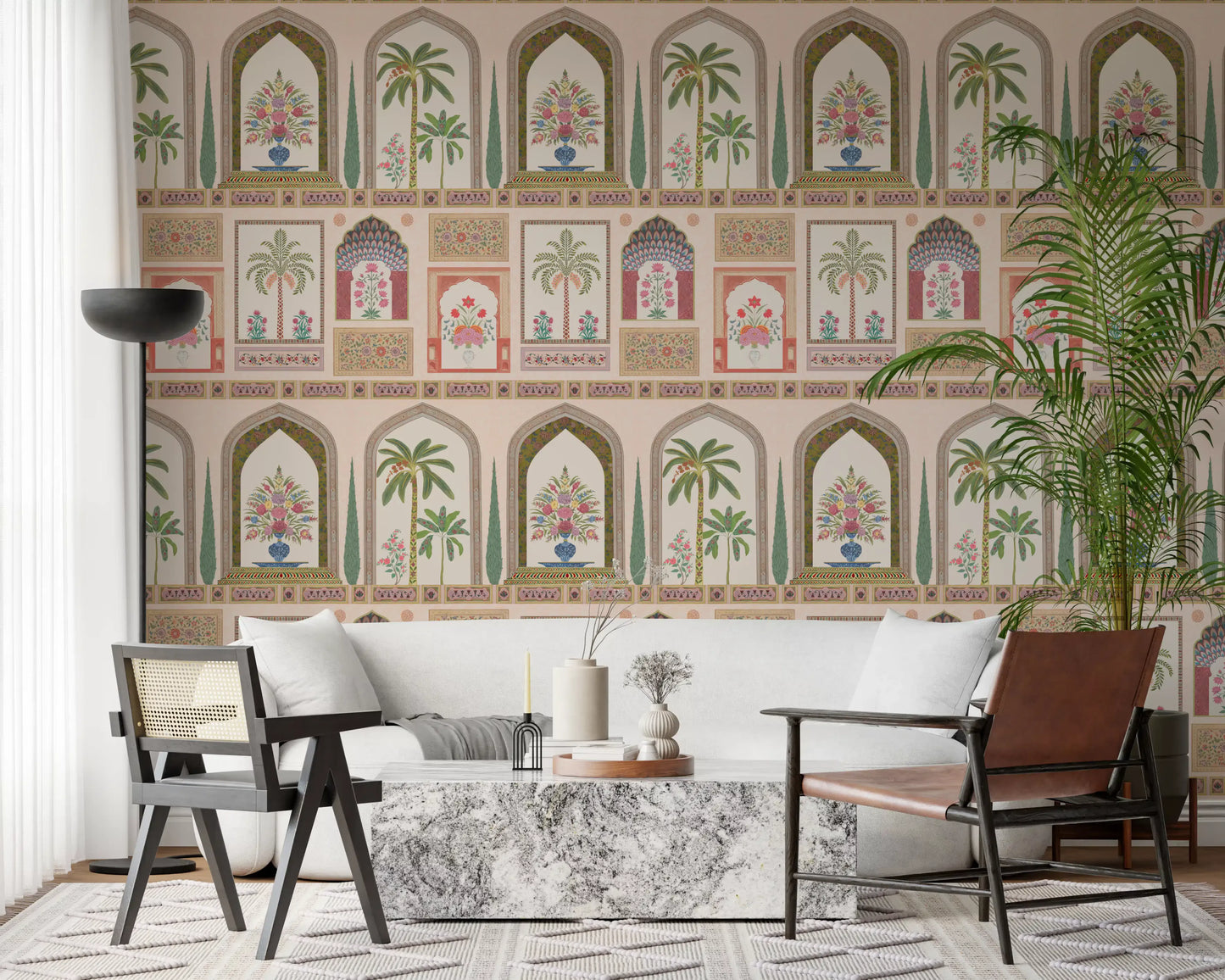 Pink wall mural showing cusped arches framing date palms and flower vases., GD10196