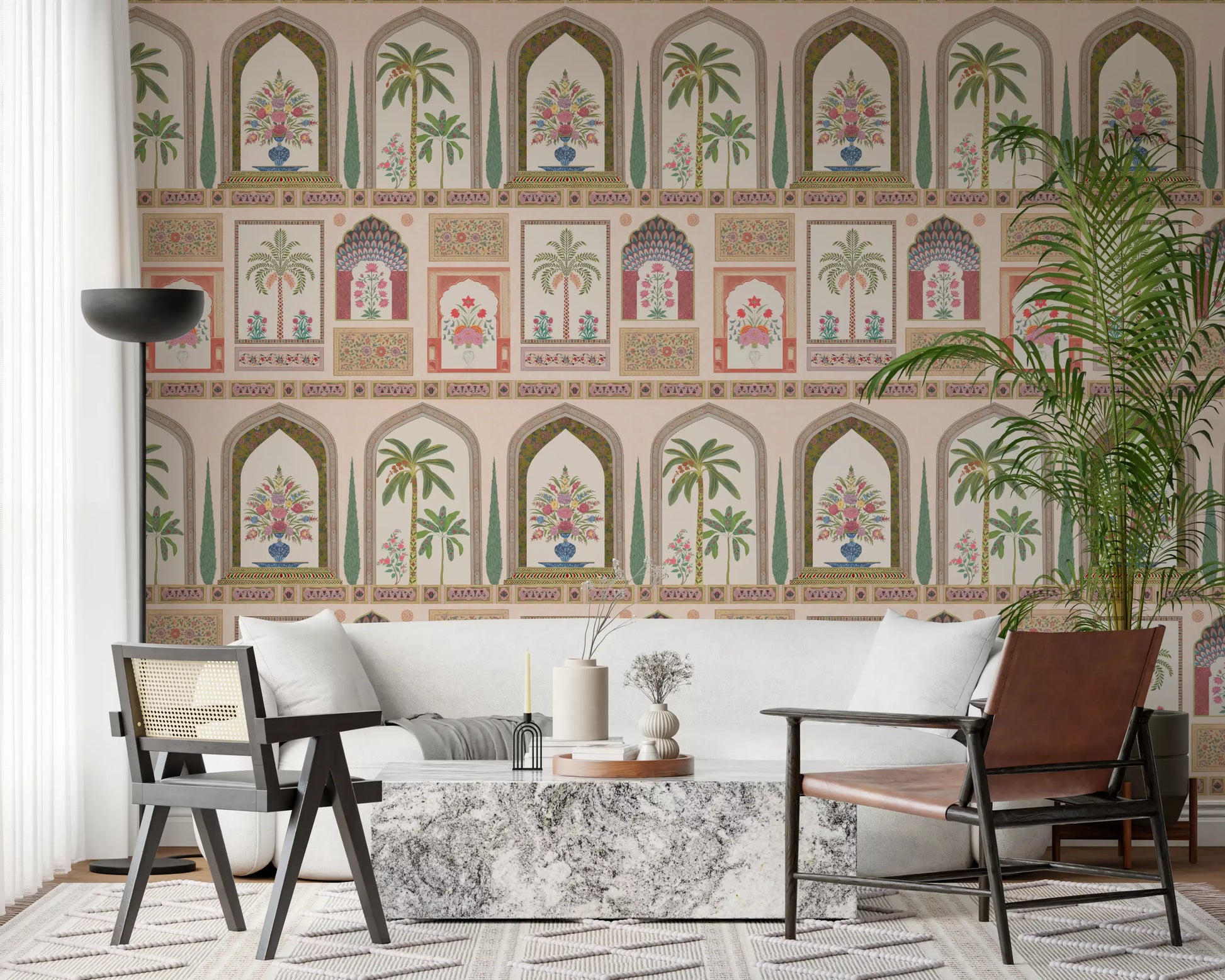 Pink wall mural showing cusped arches framing date palms and flower vases., GD10196