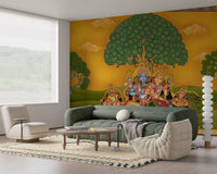 Elephant-headed deity wall mural with a small mouse painted at the left of the devotional scene, GD10197