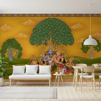 Perched peacock with a fanned tail beside a seated attendant figure on living room wall mural., GD10197
