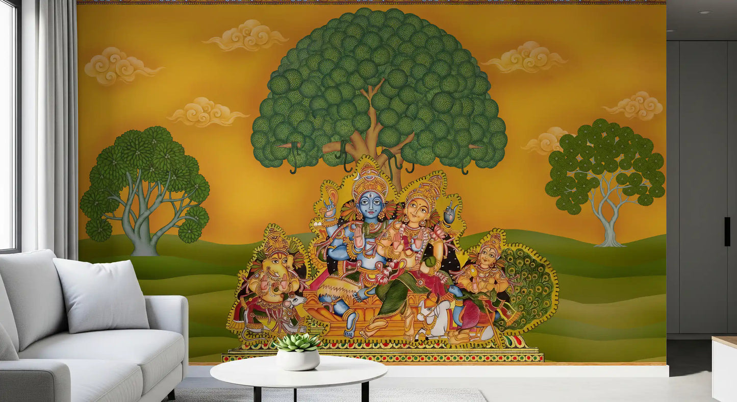 Pichwai-style wall mural with a blue Krishna and Radha seated together beneath a large rounded tree., GD10197
