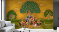 Pichwai-style wall mural with a blue Krishna and Radha seated together beneath a large rounded tree., GD10197