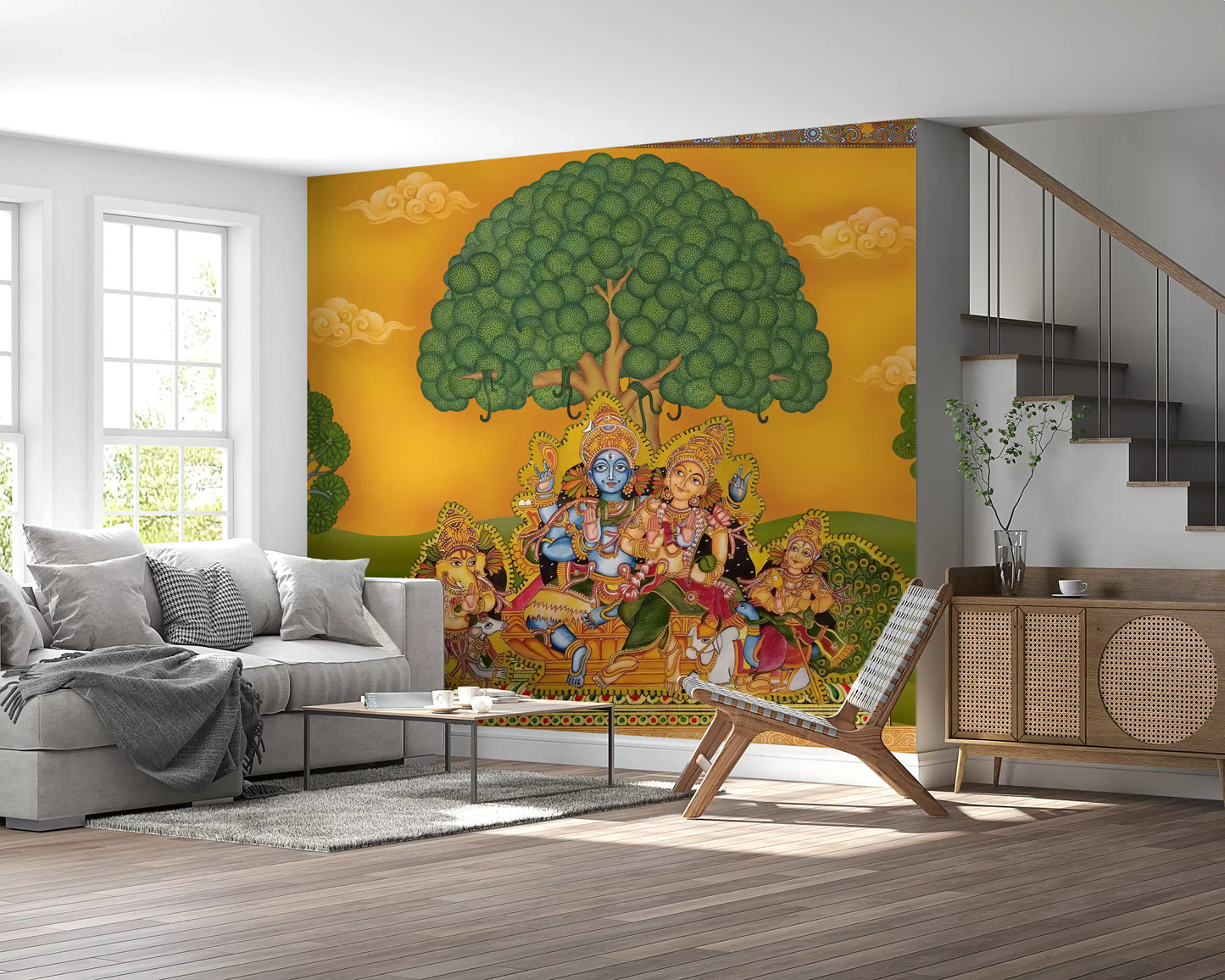 Living room wall mural with White cow resting at the base of the painted scene below the central figures., GD10197