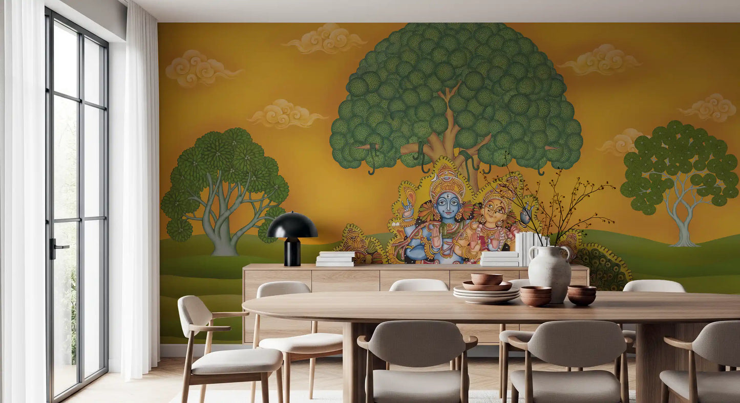 Pichwai mural styled as a calm feature wall for a dining room with a spiritual mood., GD10197