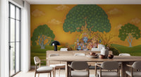 Pichwai mural styled as a calm feature wall for a dining room with a spiritual mood., GD10197