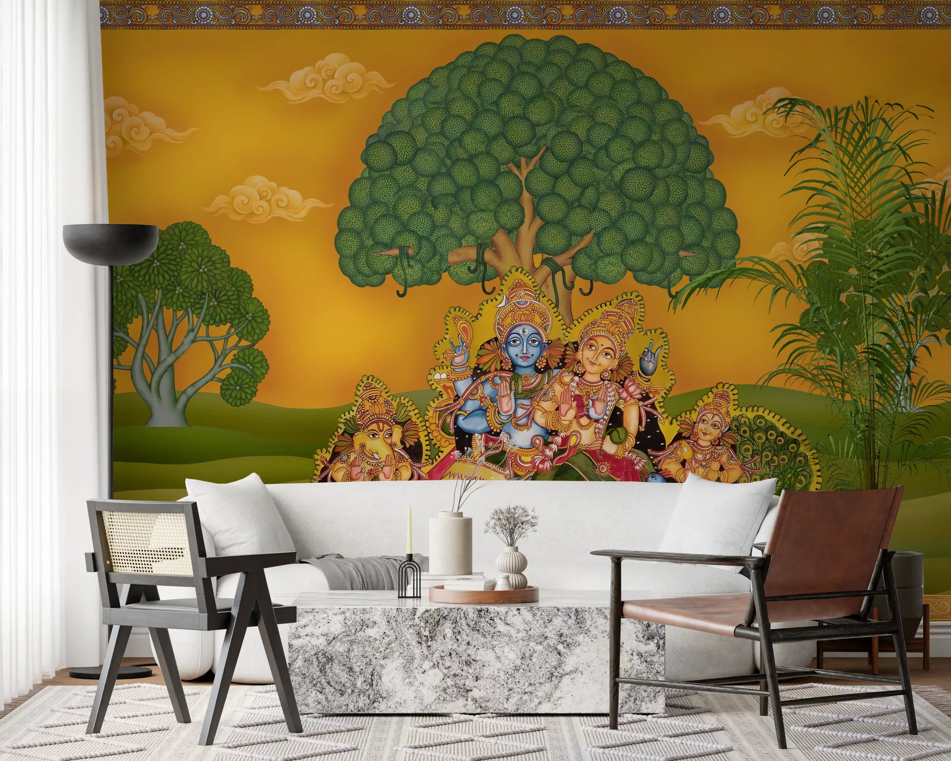 Large central tree wall mural with dense rounded green foliage rising above the divine pair., GD10197