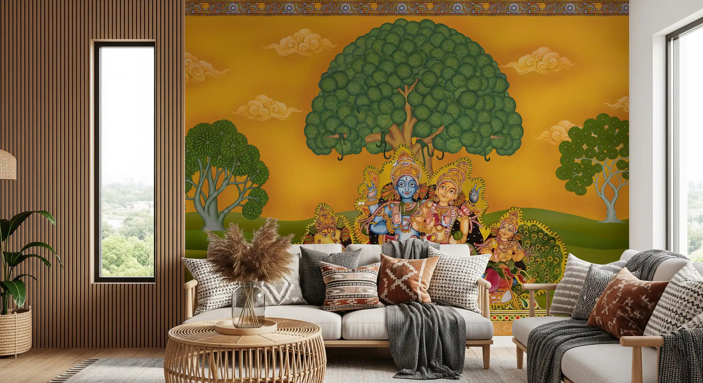 Golden saffron sky wall mural with softly swirling stylised cloud motifs above the trees., GD10197