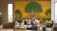 Golden saffron sky wall mural with softly swirling stylised cloud motifs above the trees., GD10197