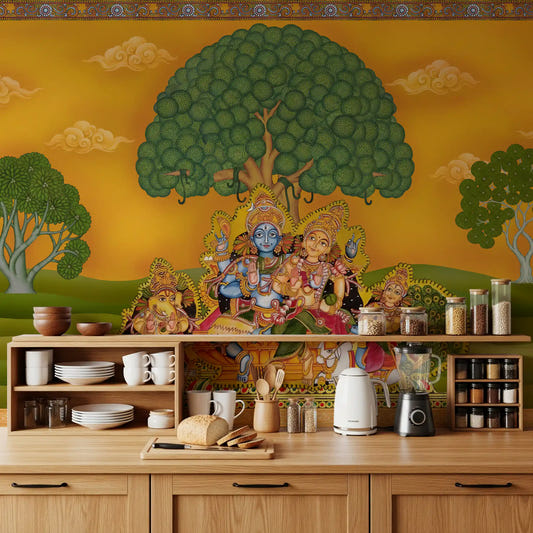 Devotional Krishna and Radha mural set as a quiet kitchen backdrop.