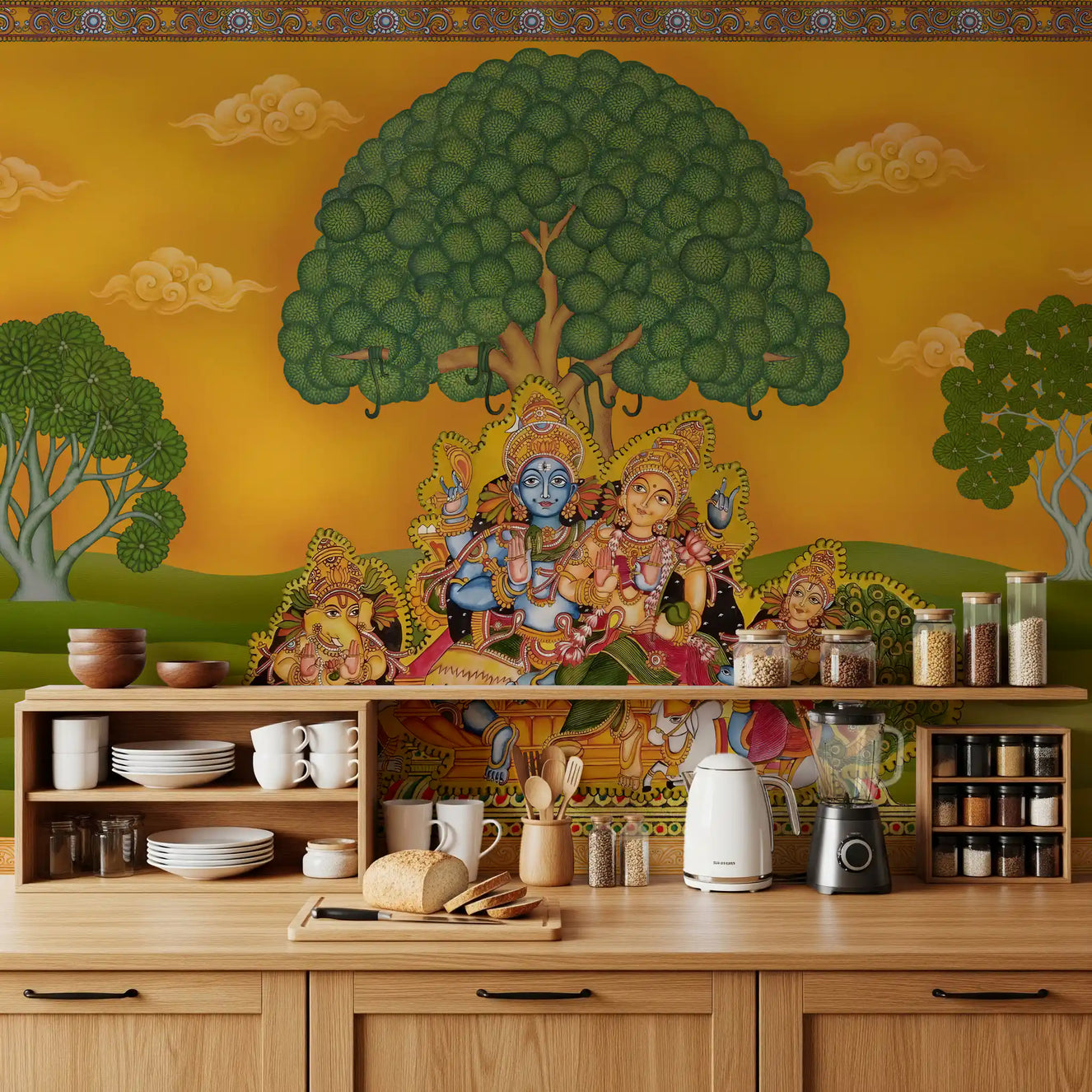 Devotional Krishna and Radha mural set as a quiet kitchen backdrop.