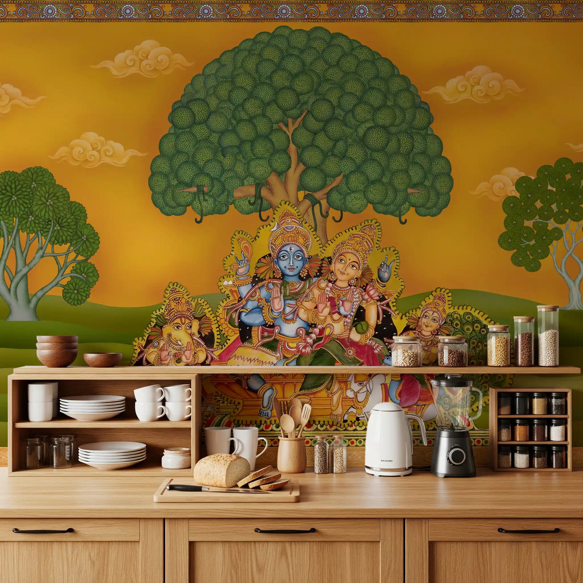 Devotional Krishna and Radha mural set as a quiet kitchen backdrop., GD10197