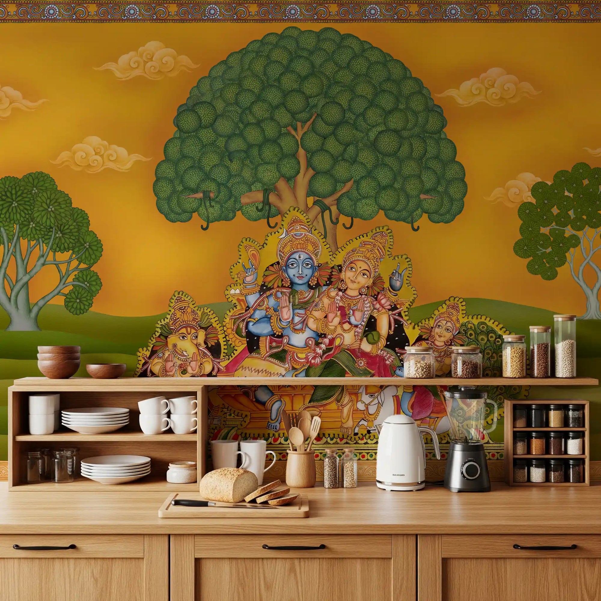 Devotional Krishna and Radha mural set as a quiet kitchen backdrop., GD10197