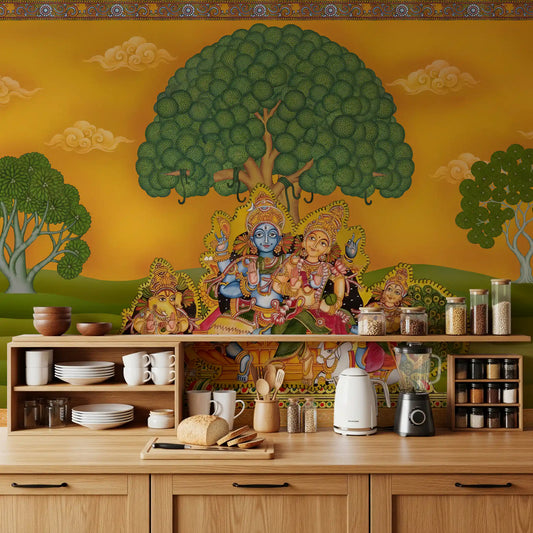 Devotional Krishna and Radha mural set as a quiet kitchen backdrop.