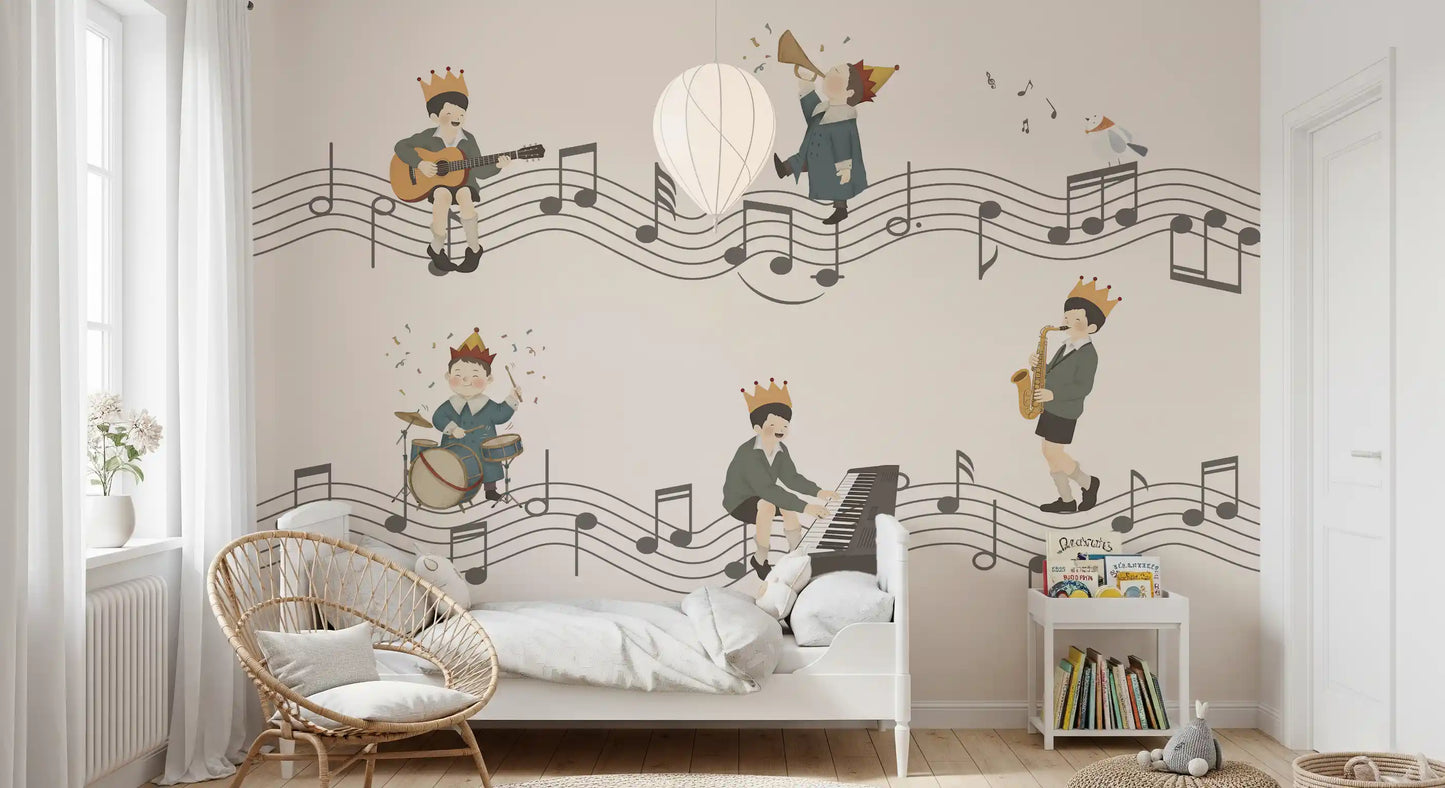 A crowned boy fingerpicks an acoustic guitar in the foreground of the Whimsical Melody Makers wall mural., GD10198