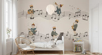 A crowned boy fingerpicks an acoustic guitar in the foreground of the Whimsical Melody Makers wall mural., GD10198