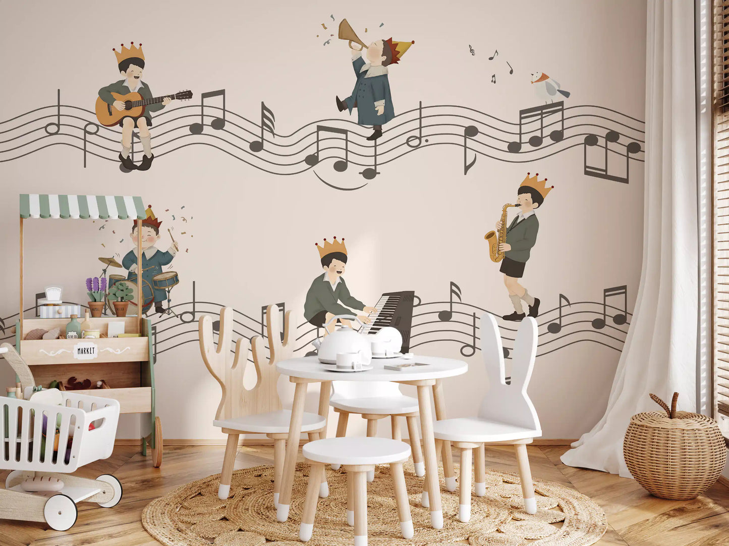 Whimsical Melody wall mural  with Drumbeats, horns and scattered notes spread warmth in kids dining area., GD10198