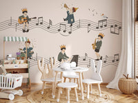 Whimsical Melody wall mural  with Drumbeats, horns and scattered notes spread warmth in kids dining area., GD10198