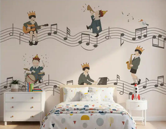  Whimsical Melody Makers wall mural with Crowned little musicians and a curious bird in kids bedroom.