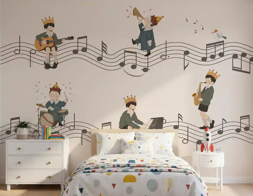  Whimsical Melody Makers wall mural with Crowned little musicians and a curious bird in kids bedroom., GD10198