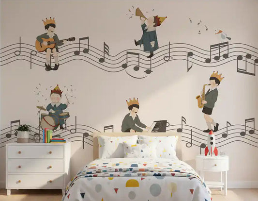  Whimsical Melody Makers wall mural with Crowned little musicians and a curious bird in kids bedroom.