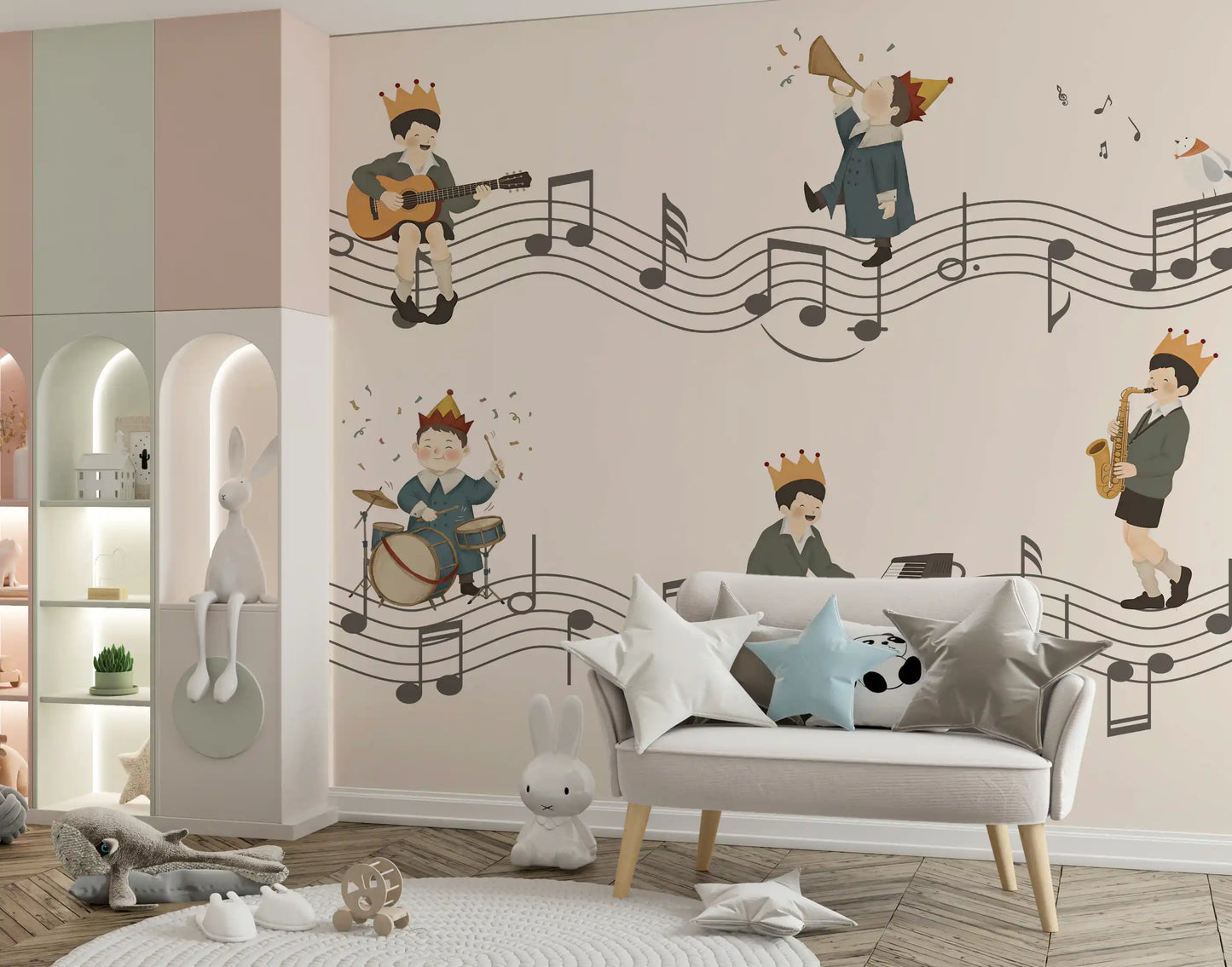 A child strumming guitar anchors the Melody Makers wall mural for nursery., GD10198