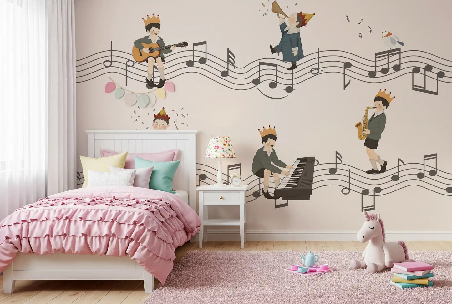 Melody Makers wall mural showing Mustard crowns and a perched bird in girls bedroom., GD10198
