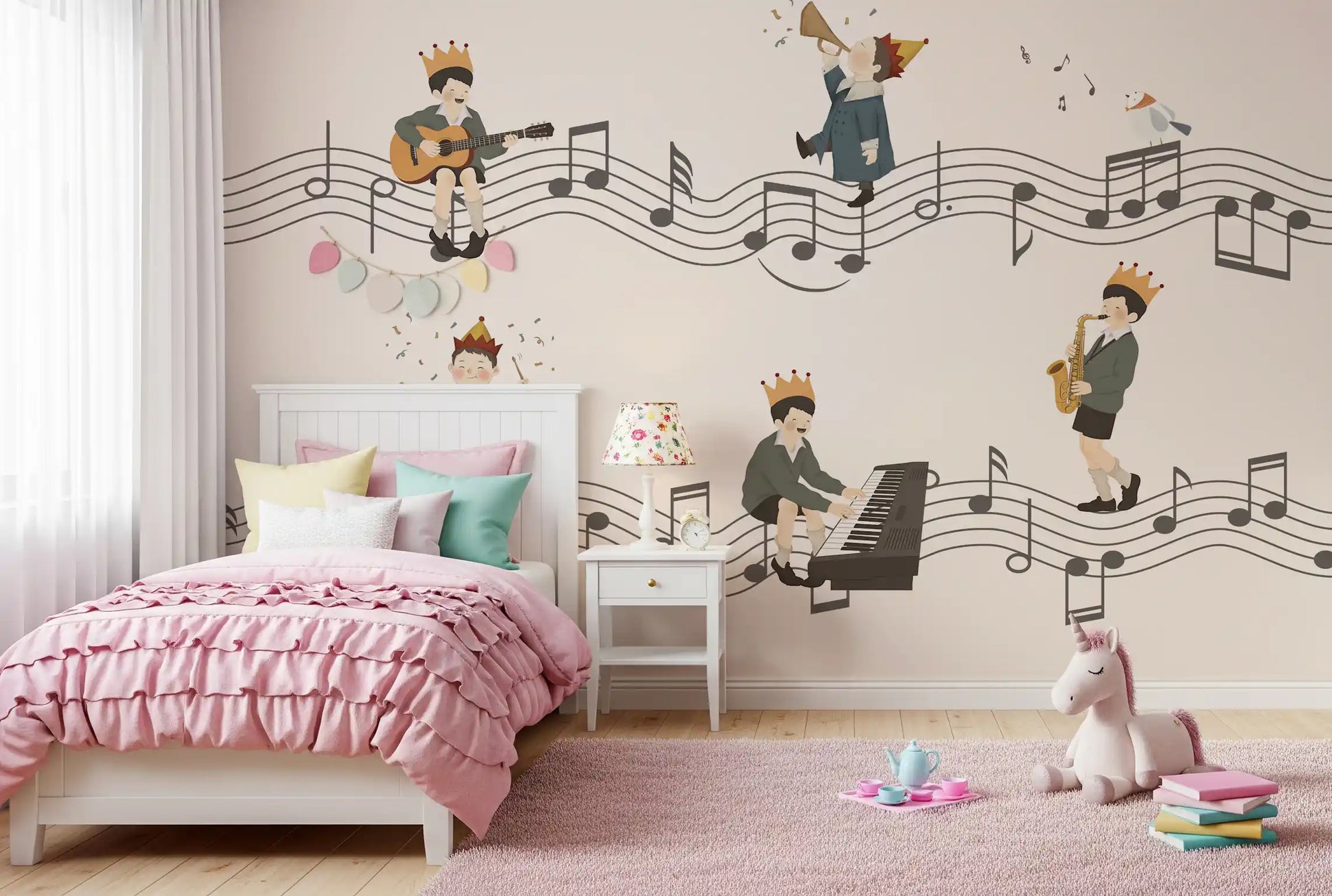 Melody Makers wall mural showing Mustard crowns and a perched bird in girls bedroom., GD10198