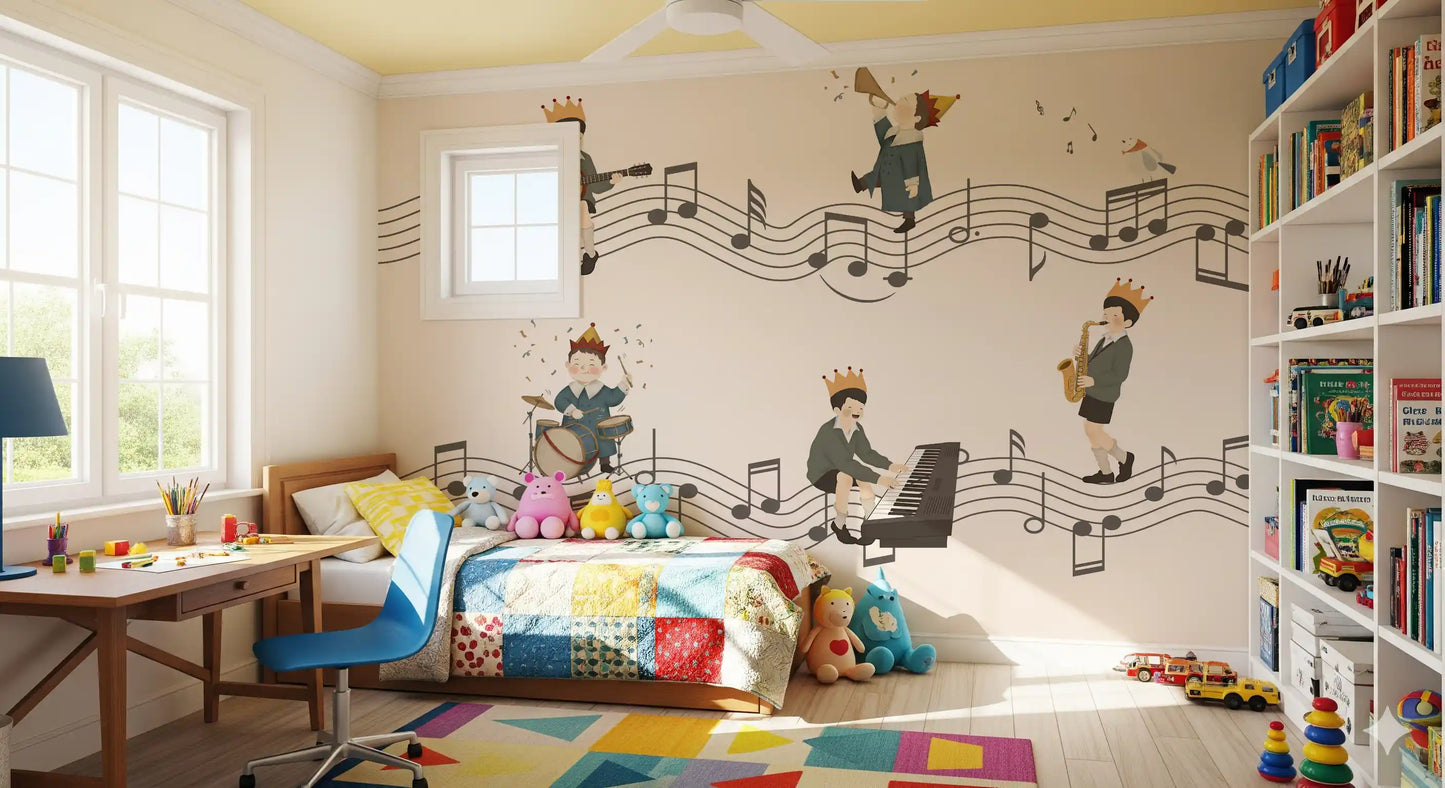 Muted charcoal staff lines ripple between performers, shaping the rhythm of the Whimsical Melody mural., GD10198