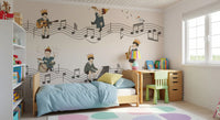 A small white bird perches mid-staff, a quiet detail in the Melody Makers wall mural., GD10198