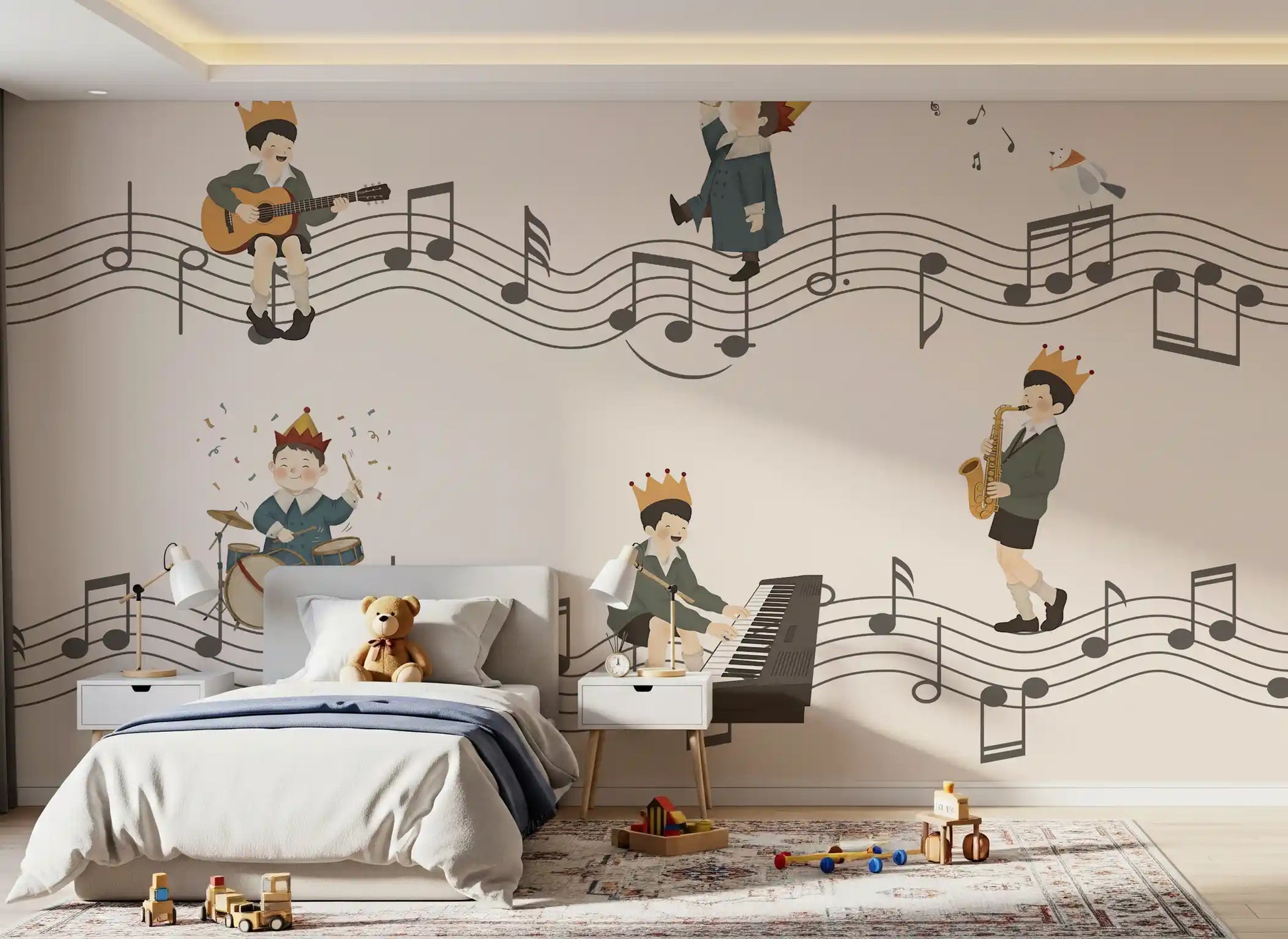 Golden paper crowns repeat on every young player in the Melody Makers wall mural., GD10198