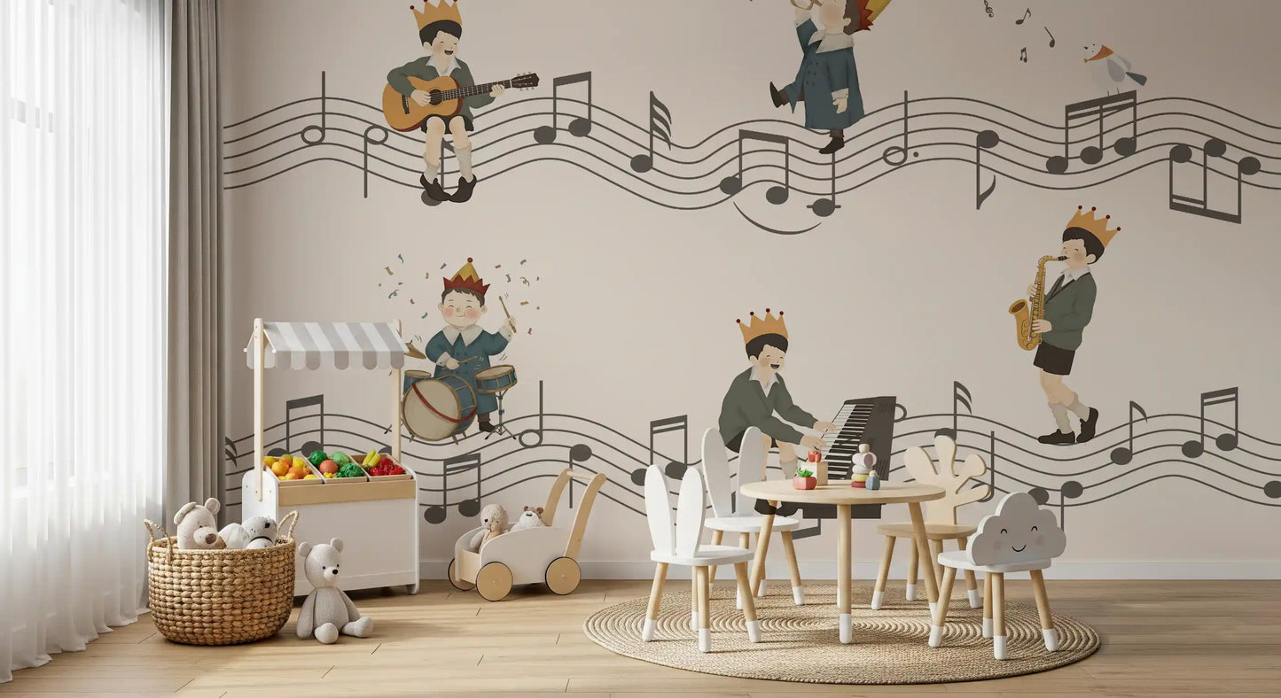 Whimsical Melody Makers wall mural with Gentle charcoal staves wind past playful performers., GD10198