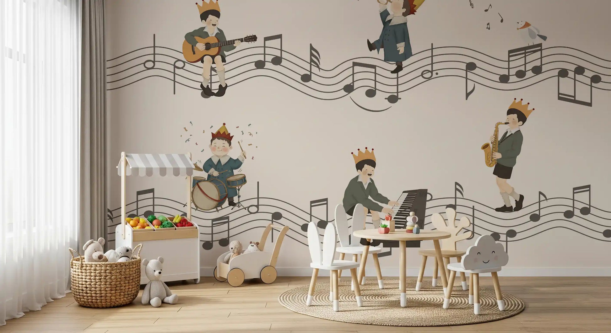 Whimsical Melody Makers wall mural with Gentle charcoal staves wind past playful performers., GD10198