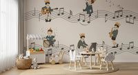 Whimsical Melody Makers wall mural with Gentle charcoal staves wind past playful performers., GD10198