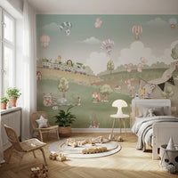 Zebra and pink bear floating down on small striped parachutes whimsical adventure mural., GD10199