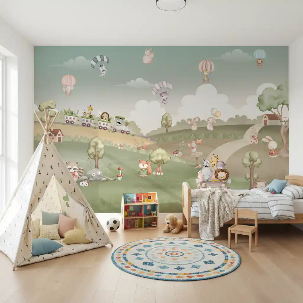 Children's watercolour animal adventure wall mural with pastel hot air balloons over green hills., GD10199