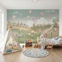 Children's watercolour animal adventure wall mural with pastel hot air balloons over green hills., GD10199