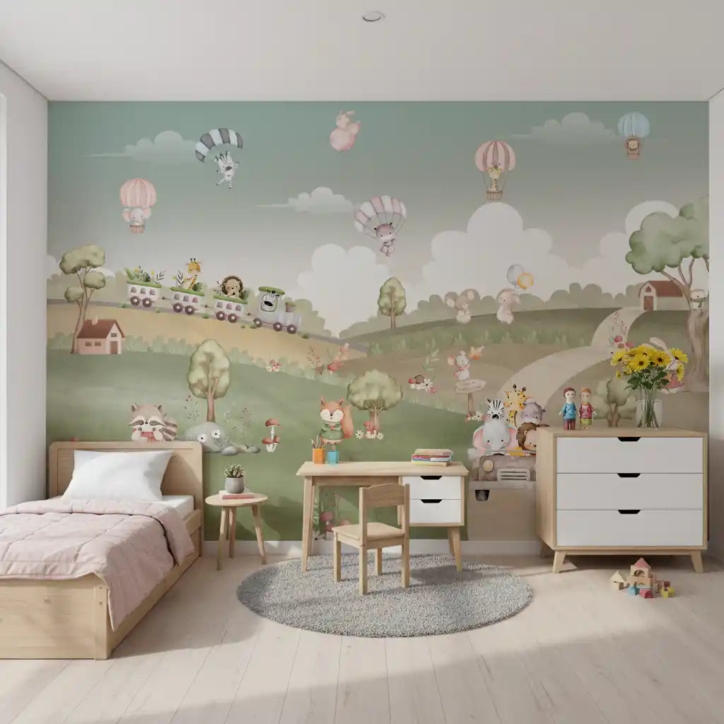 Wall mural with Watercolour signpost reading Way to Happy Land beside a gentle meadow path., GD10199