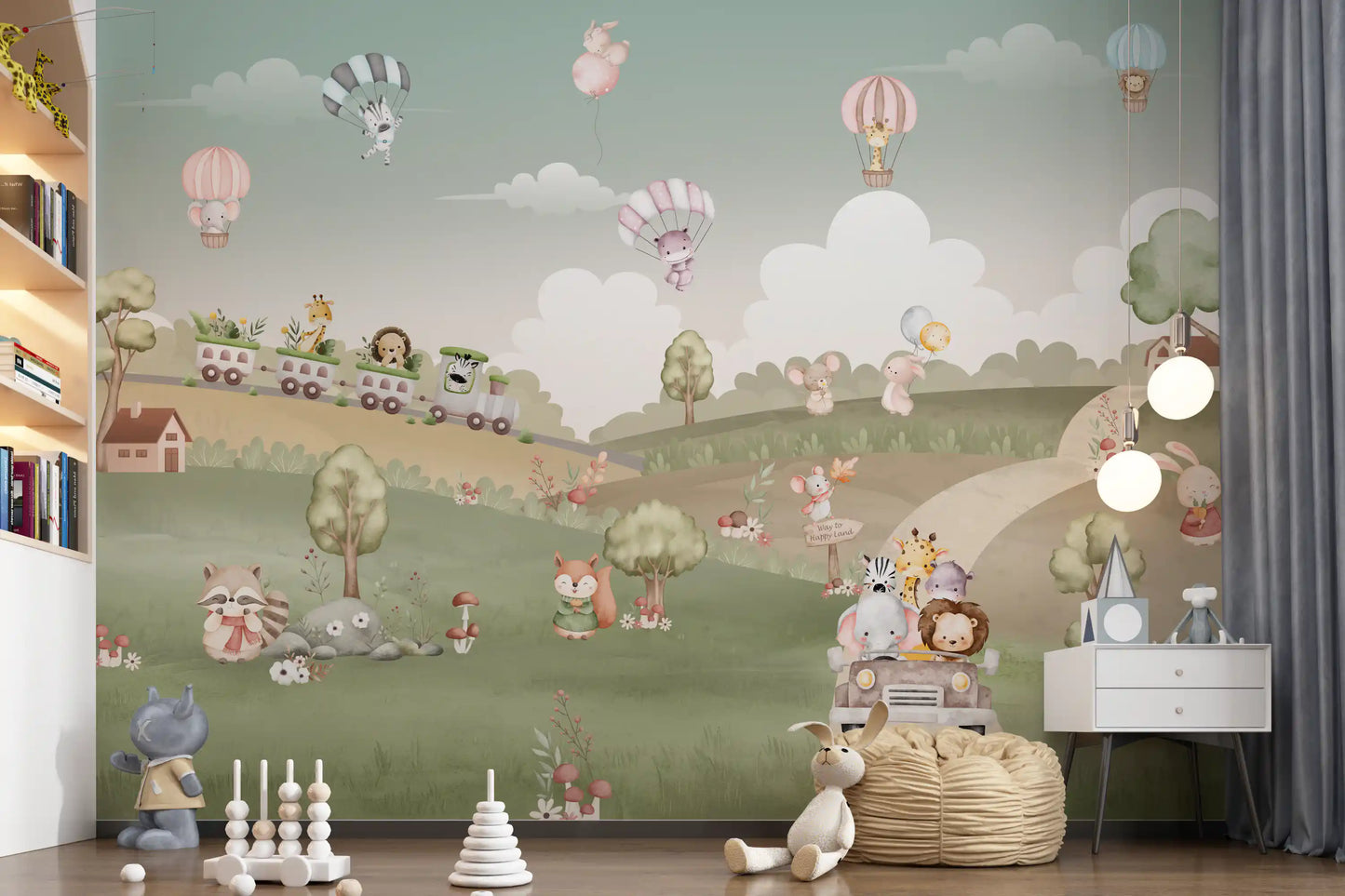 Woodland Adventure Wall Mural with Pink and blue hot air balloons carrying a giraffe, lion and elephant., GD10199