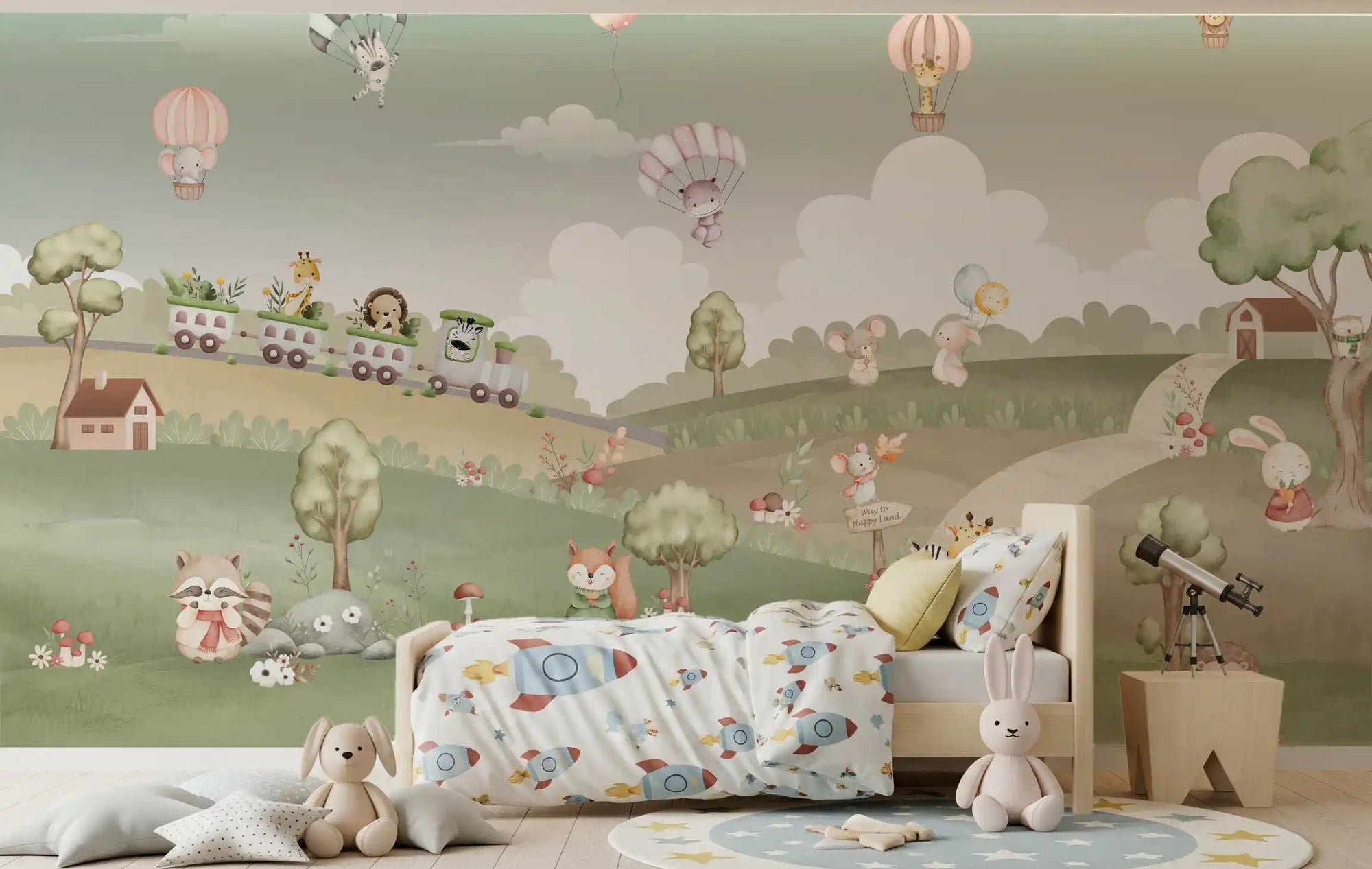 Watercolour adventure mural adding a playful look to a kids bedroom wall., GD10199