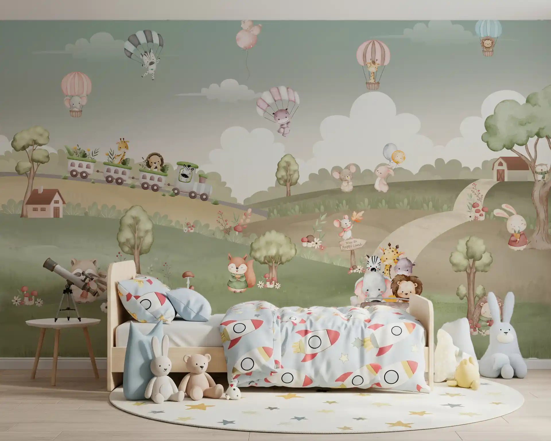 Whimsical mural with a scarf, squirrel and bunny resting near trees and red-capped mushrooms., GD10199