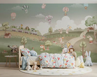 Whimsical mural with a scarf, squirrel and bunny resting near trees and red-capped mushrooms., GD10199