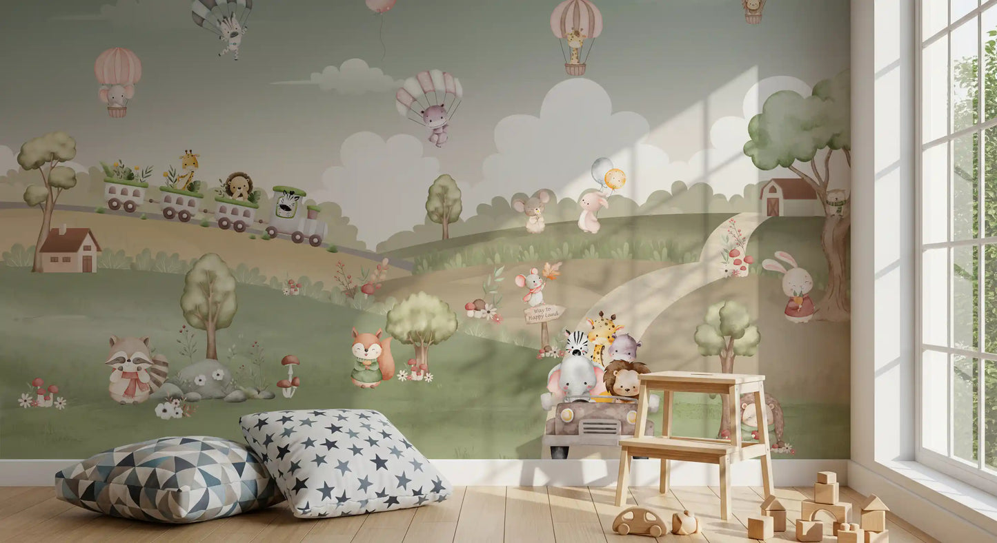 Open car driven by an elephant, lion, zebra and giraffe on a winding meadow path wall mural., GD10199