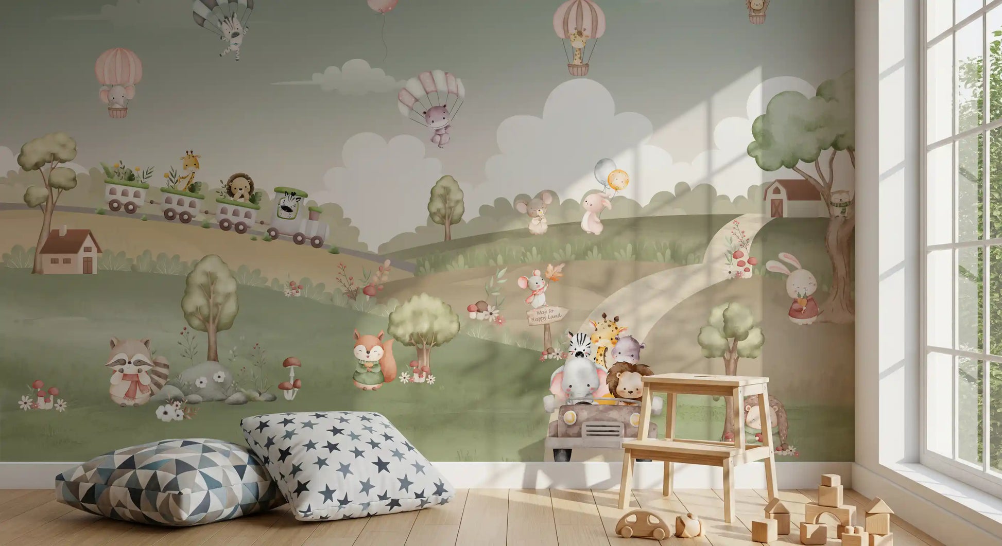 Open car driven by an elephant, lion, zebra and giraffe on a winding meadow path wall mural., GD10199