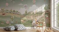 Open car driven by an elephant, lion, zebra and giraffe on a winding meadow path wall mural., GD10199